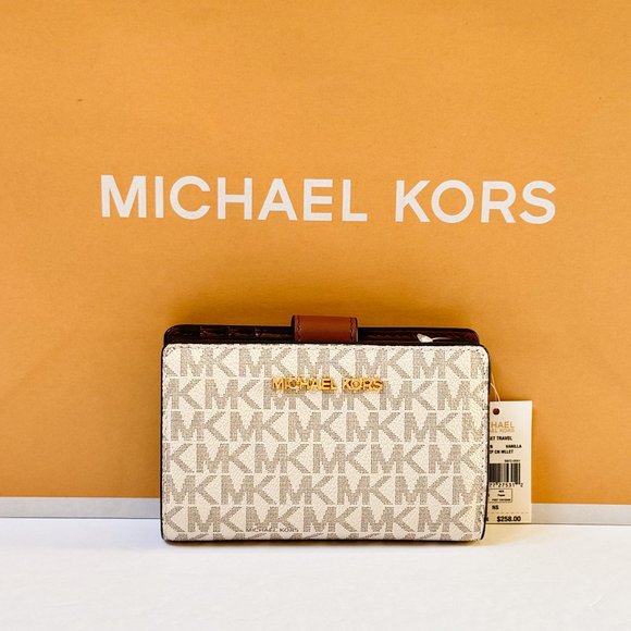 Michael Kors Jet Set Travel Medium Bifold Coin Zipper Wallet MK Vanilla/Brown - Picture 1 of 10